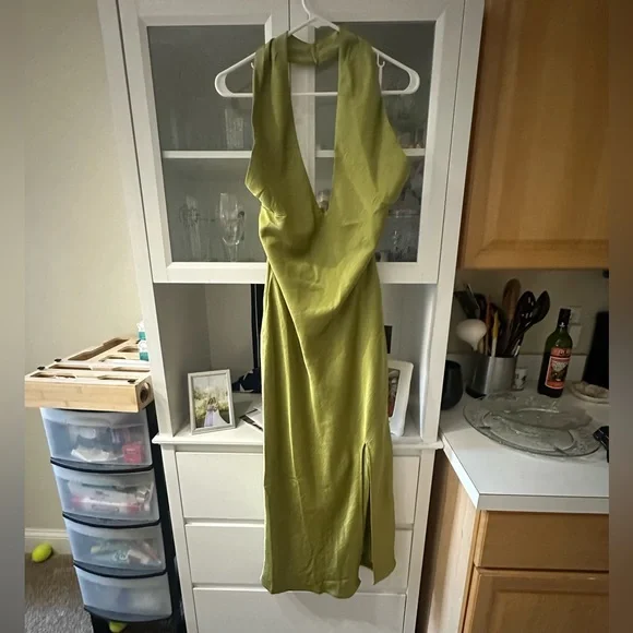 Beyond Classy Chartreuse Satin Midi Dress - Picture 3 of 4